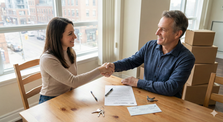A tenant and landlord sitting at a table in a bright apartment reviewing an N11 agreement and a certified check, illustrating a successful cash for keys negotiation.