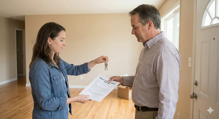 A tenant handing over a formal 'Notice to Terminate Tenancy' and a set of keys to a landlord in a clean, empty apartment, representing a legal and penalty-free lease exit.