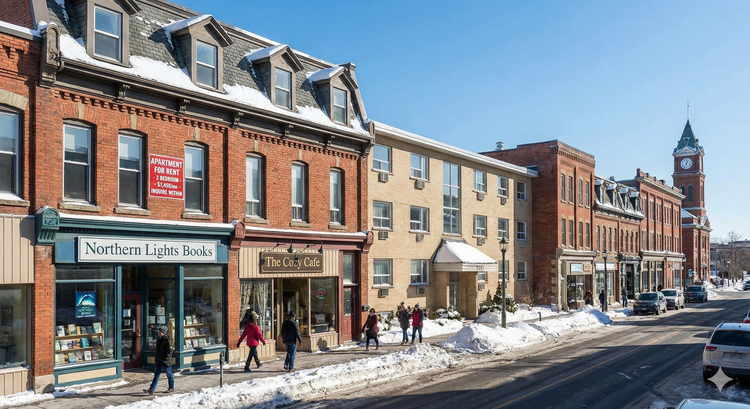 A welcoming street view of a historic downtown in Northern Ontario, featuring local shops and affordable residential low-rise apartments
