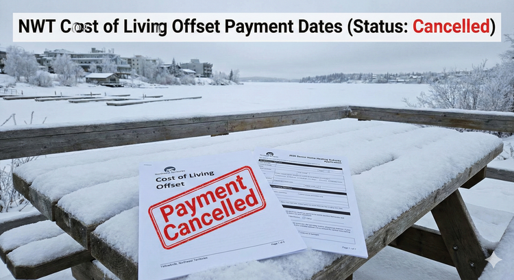 A winter scene in Yellowknife with a Payment Cancelled notice overlaid on a document for the Northwest Territories Cost of Living Offset, next to an application form