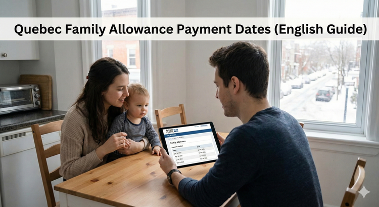 A young family in Montreal's Plateau neighborhood checking their Retraite Québec 'My Account' portal on a tablet, with a payment schedule showing quarterly deposit dates.