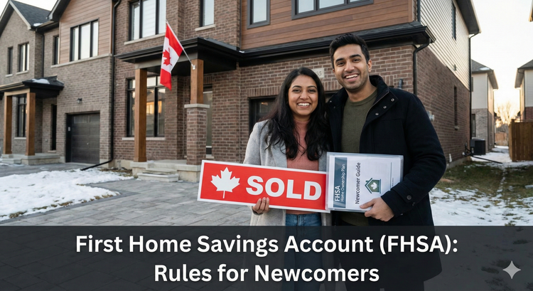 A young immigrant couple standing in front of a modern Canadian townhouse, holding a Sold sign and a folder labeled 'FHSA Home Ownership Plan.