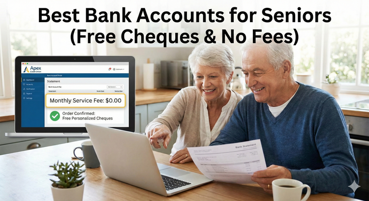 An elderly man and woman sitting at a kitchen table, happily reviewing their monthly bank statement on a laptop which shows