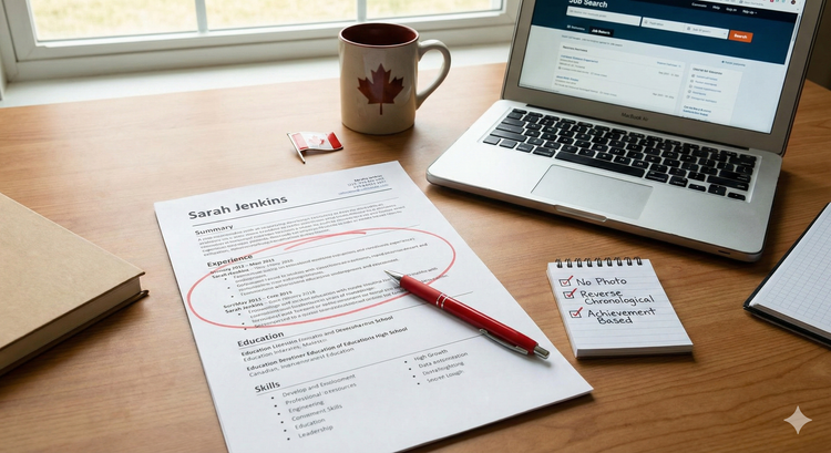 A professional Canadian-style resume layout on a wooden desk next to a laptop, with a red pen circling the "Experience" section and a checklist showing "No Photo