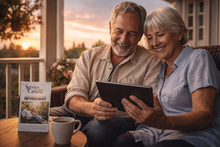 Canadian seniors comparing CPP vs OAS pension benefits on a tablet.