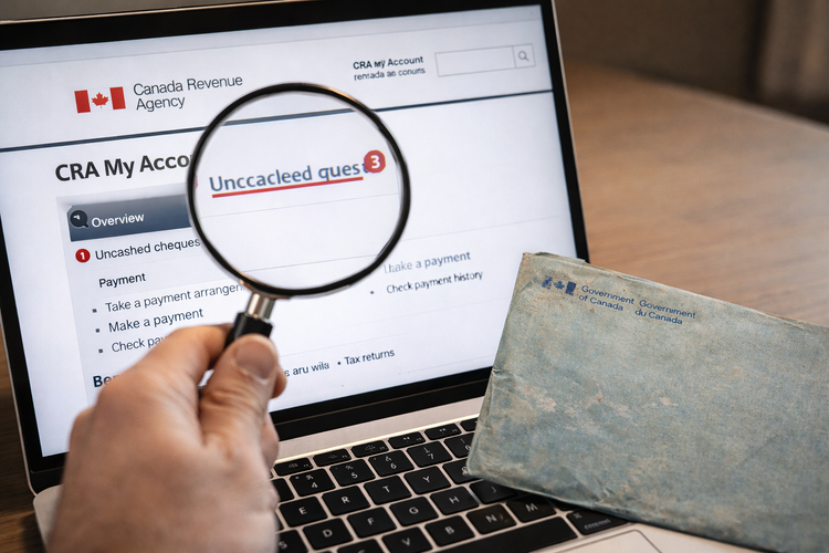 Finding uncashed CRA cheques in My Account portal on a laptop.
