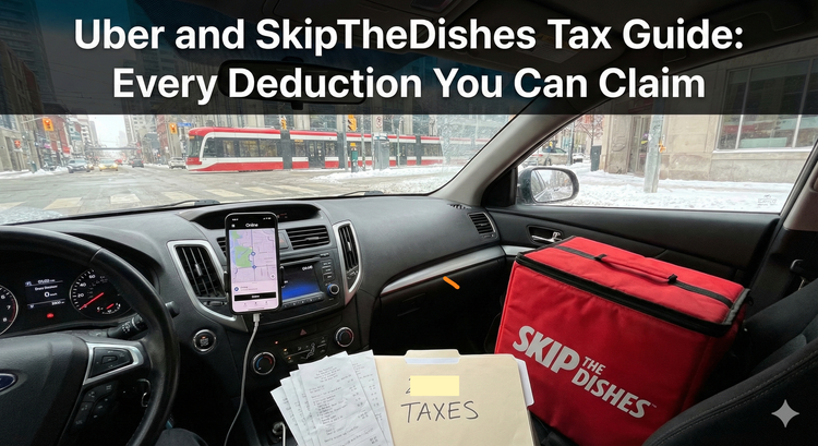 An Uber driver's dashboard in a Canadian city during winter, showing a smartphone with the Uber Driver app open, an insulated SkipTheDishes bag on the passenger seat,