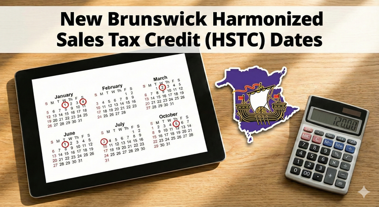 A digital calendar for with the dates circled in red, next to a New Brunswick provincial logo and a calculator.