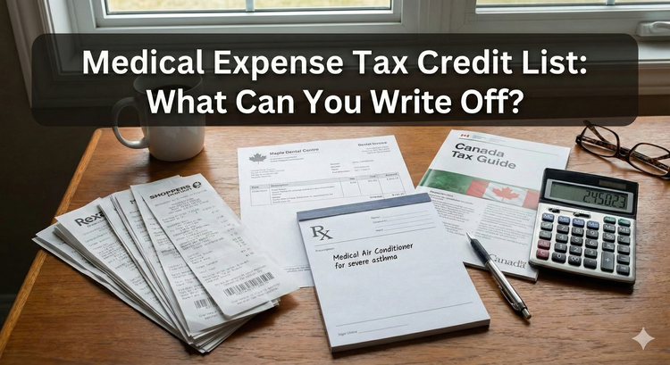 A organized stack of pharmacy receipts, a dental invoice, and a doctor's prescription for an air conditioner lying next to a Canadian tax guide and a calculator.