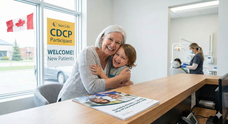 A smiling senior and a young child at a modern Canadian dental office, with a brochure for the  Canadian Dental Care Plan (CDCP) on the desk and a "Sun Life CDCP Participant