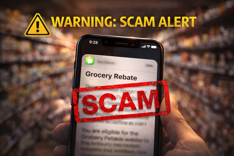 Grocery Rebate 2026 scam text message warning with CRA logo.