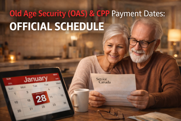 Old Age Security (OAS) and CPP 2026 payment calendar on tablet with senior couple.