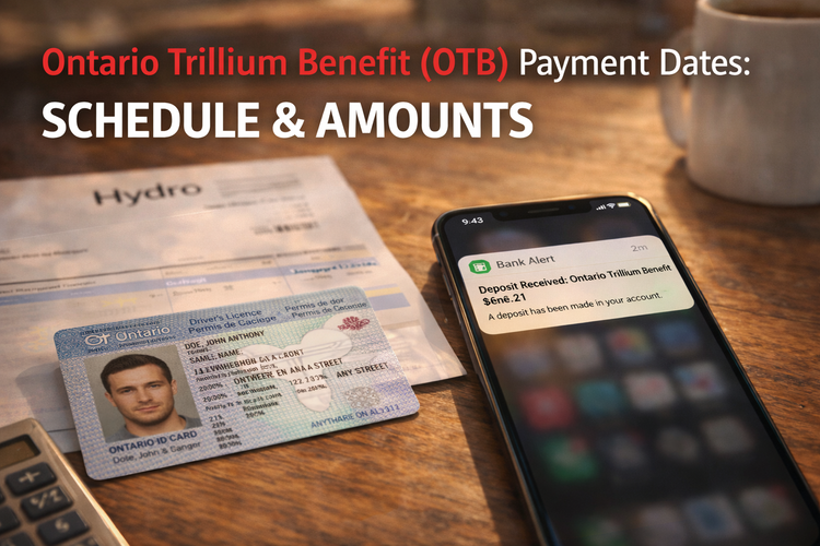 Ontario Trillium Benefit (OTB) 2026 payment notification on phone with Ontario ID and hydro bill.