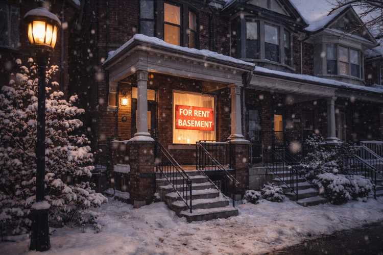 Toronto private rental house with For Rent sign in window.