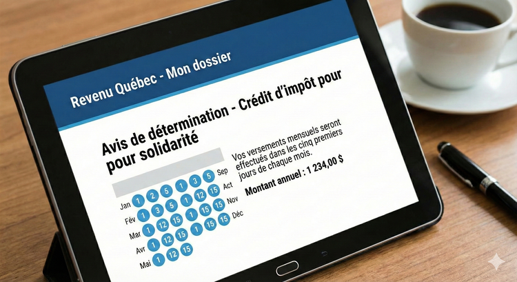 A digital interface showing the Revenu Québec "My Account" portal with the Solidarity Tax Credit notice of determination, featuring a calendar highlighting the first five days of each month.