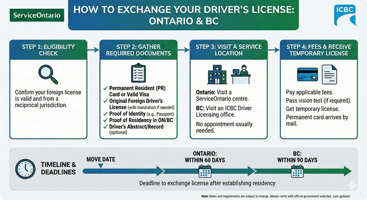 A digital infographic showing a step-by-step process for a Canadian driver's license exchange in 2026, featuring the ServiceOntario and ICBC logos