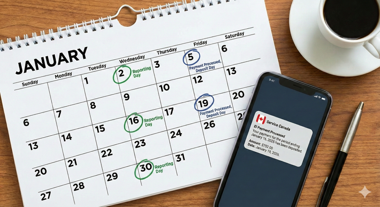 calendar highlighting bi-weekly EI reporting and payment cycles, with a smartphone displaying a Service Canada Payment Processed notification. for post EI Payment Dates Official Schedule