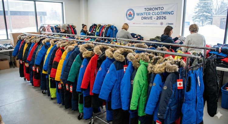 A group of new, colorful winter parkas and snow pants hanging on a rack at a Canadian charity depot in, ready for distribution to families in need.
