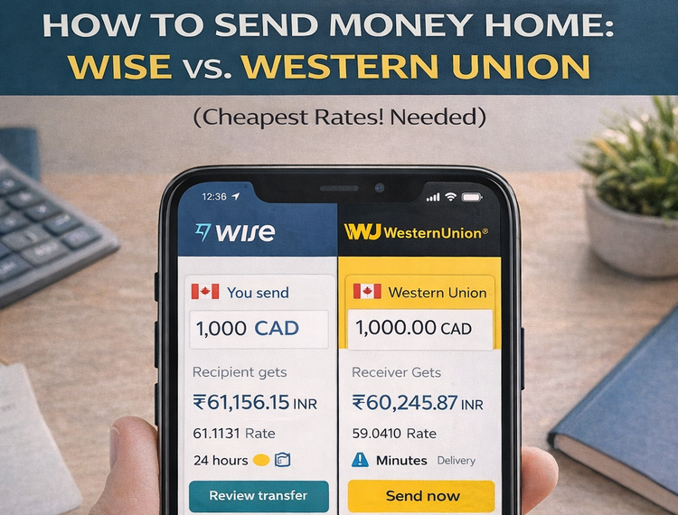 comparison of money transfer apps on a smartphone, showing Wise and Western Union interfaces with currency conversion rates 