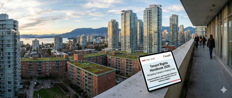 A panoramic view of a modern Canadian skyline featuring a mix of new rental high-rises and community housing projects, with a "Tenant Rights" digital handbook visible on a foreground tablet. 