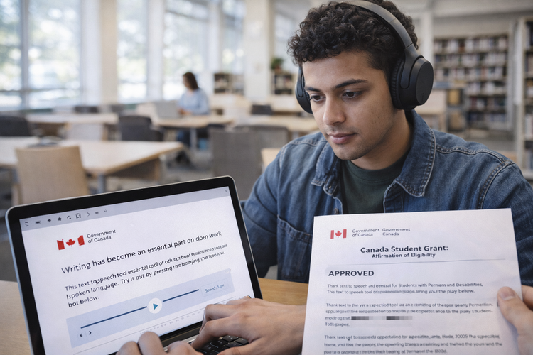 Canadian student with a disability using assistive technology and grants.