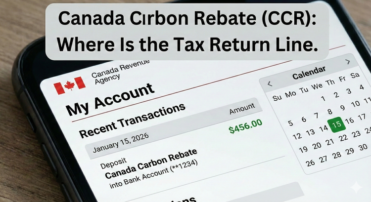 A digital screenshot of a CRA 'My Account' portal showing a 'Canada Carbon Rebate' payment of $456.00 deposited into a bank account, with a calendar highlighted on the 15th
