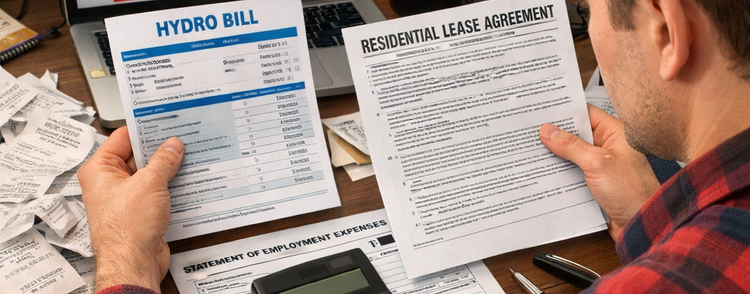 A Canadian employee sitting at a home holding a hydro bill and a lease agreement, using a calculator to fill out a CRA T777 Statement - Approved stamp on a T2200 document in the foreground.