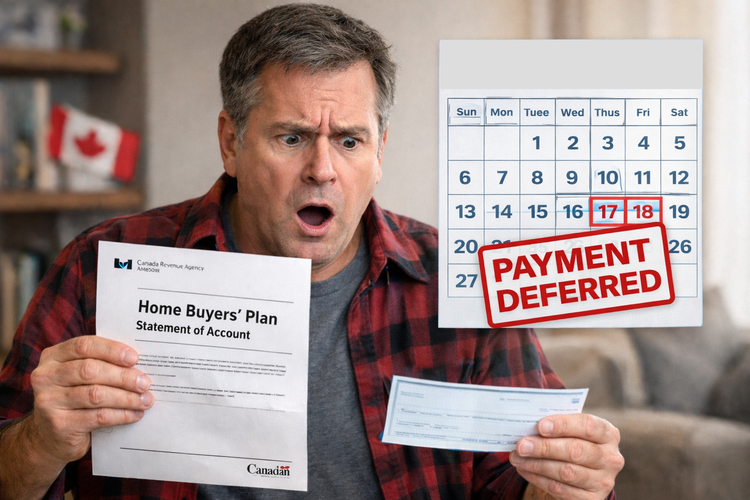 A Canadian homeowner looking at a CRA "Home Buyers' Plan Statement of Account," with a calendar highlighted and a stamp reading "Payment Deferred.