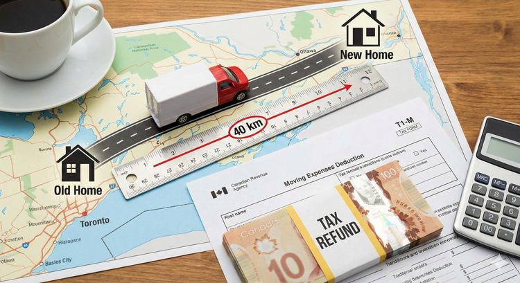 A Canadian map showing a moving truck driving from Old Home to New Home with a ruler measuring 40km, overlaid with a CRA T1-M Tax Form and a stack of cash labeled Tax Refund.