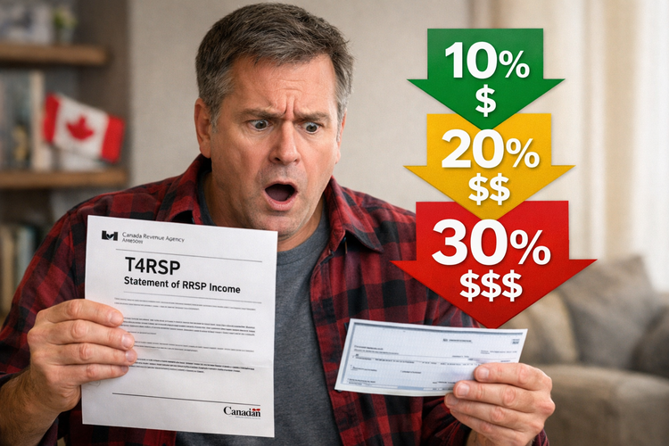 A Canadian taxpayer looking shocked at a reduced cheque, holding a CRA letter titled T4RSP Statement of RRSP Income, with a graphic overlay showing 10%, 20%, and 30% deduction brackets.