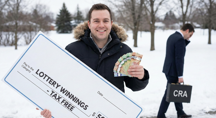 A Canadian taxpayer smiling while holding a Lottery Cheque and a stack of cash labeled Tax Free, while a CRA auditor walks away empty-handed.