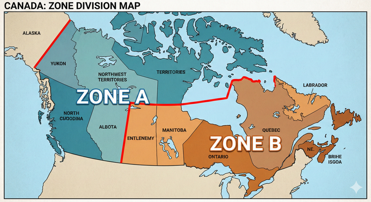 A map of Canada with a bold line separating "Zone A" and "Zone B