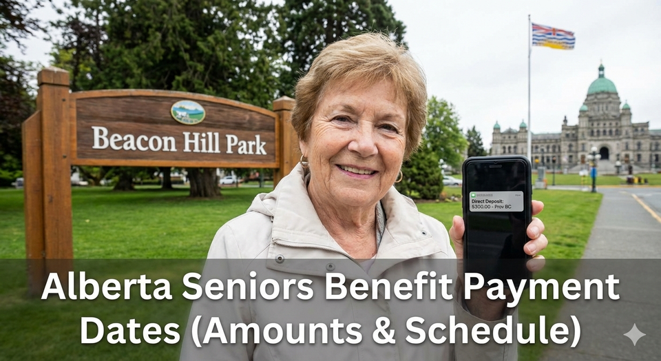 A BC senior receiving a direct deposit notification on her phone while walking through a park in Victoria, with the British Columbia provincial logo visible in the background.