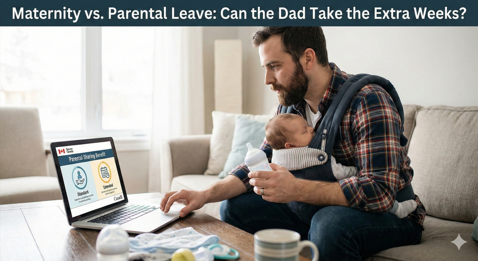 A Canadian father wearing a baby carrier and holding a bottle while looking at a laptop, with a Service Canada "Parental Sharing Benefit" infographic open on the screen.