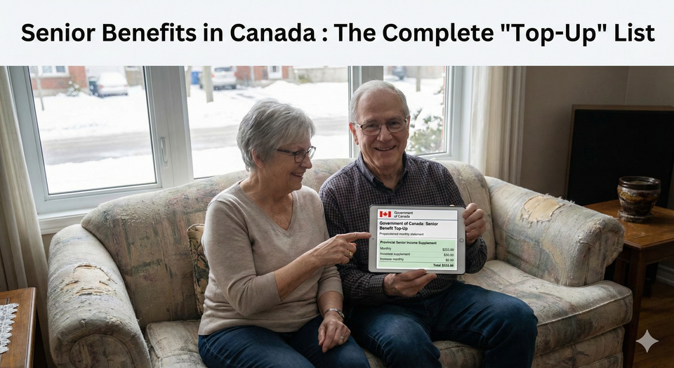 A Canadian senior couple in their living room, smiling while reviewing a tablet showing their increased monthly benefit statement from both federal and provincial senior top-up programs. 