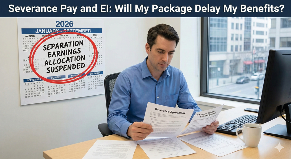 A Canadian worker in an office setting reviewing a severance agreement and an EI benefit statement, with a 2026 calendar in the background highlighting the temporary suspension