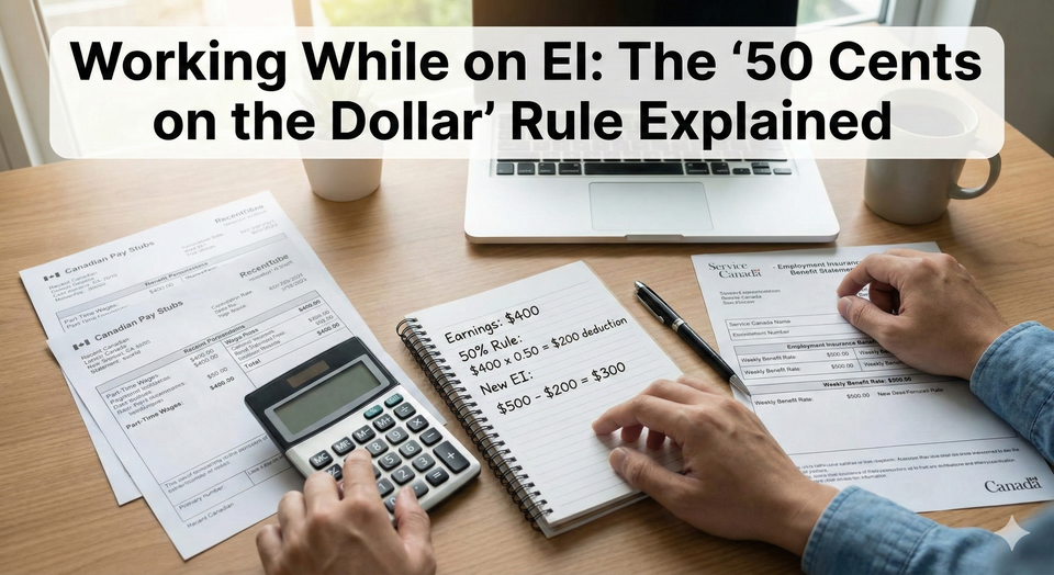 A Canadian worker using a calculator to compare part-time pay stubs with an EI benefit statement, with a notepad showing the 50% deduction calculation.