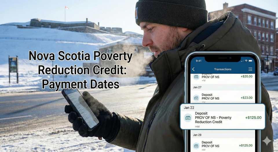 A Nova Scotia resident in Halifax checking their direct deposit on a smartphone, showing a $125 transaction from the 'PROV OF NS' for the Poverty Reduction Credit.