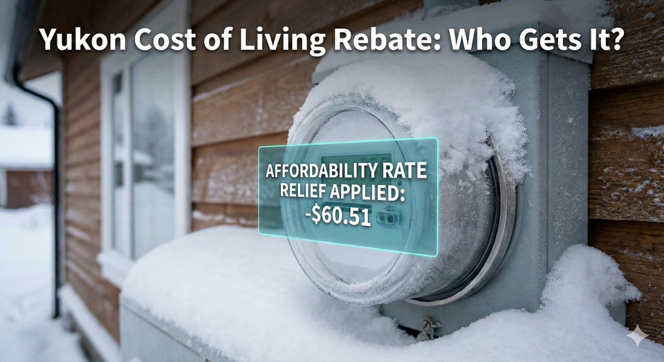 A Yukon residential power meter in Whitehorse during a snowy winter, with a digital overlay highlighting the $60.51 'Affordability Rate Relief' credit applied to the bill. 
