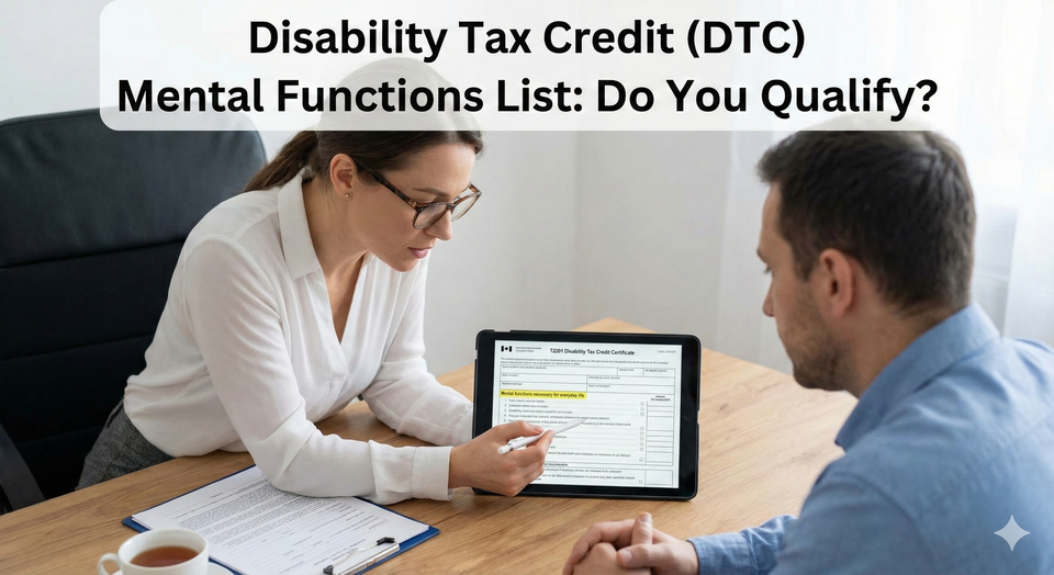 A clinical psychologist sitting with a patient, reviewing the T2201 Disability Tax Credit Certificate and highlighting the 'Mental Functions' section on a digital tablet.