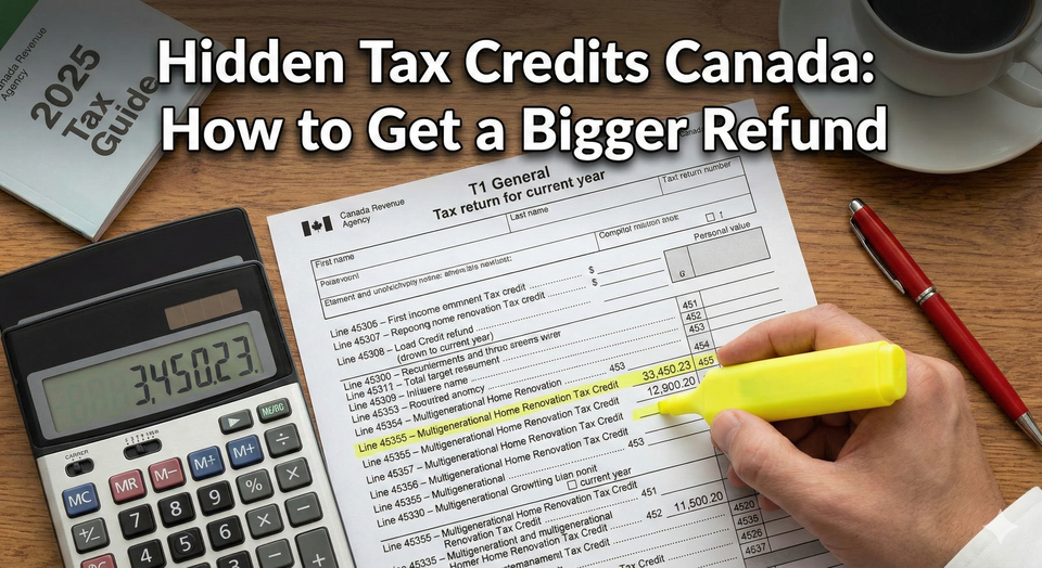 A close-up of a Canadian tax return form (T1) on a desk, with a hand highlighting Line 45355 (Multigenerational Home Renovation Tax Credit)