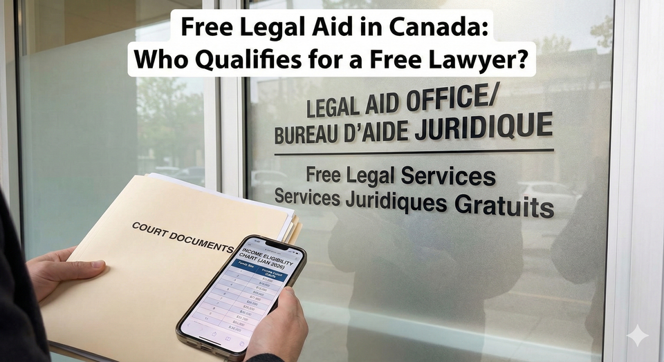 A close-up of a Legal Aid Office sign on a glass door, with a person in the foreground holding a folder of court documents and a smartphone showing the income eligibility chart.