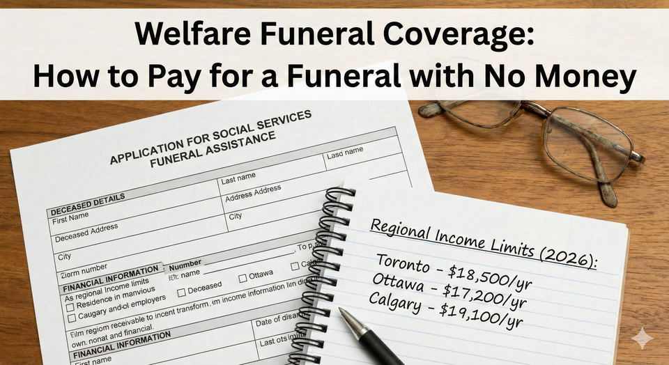 A close-up of a "Social Services" application form for funeral assistance, resting on a desk with a notebook listing regional income limits for Toronto, Ottawa, and Calgary in.