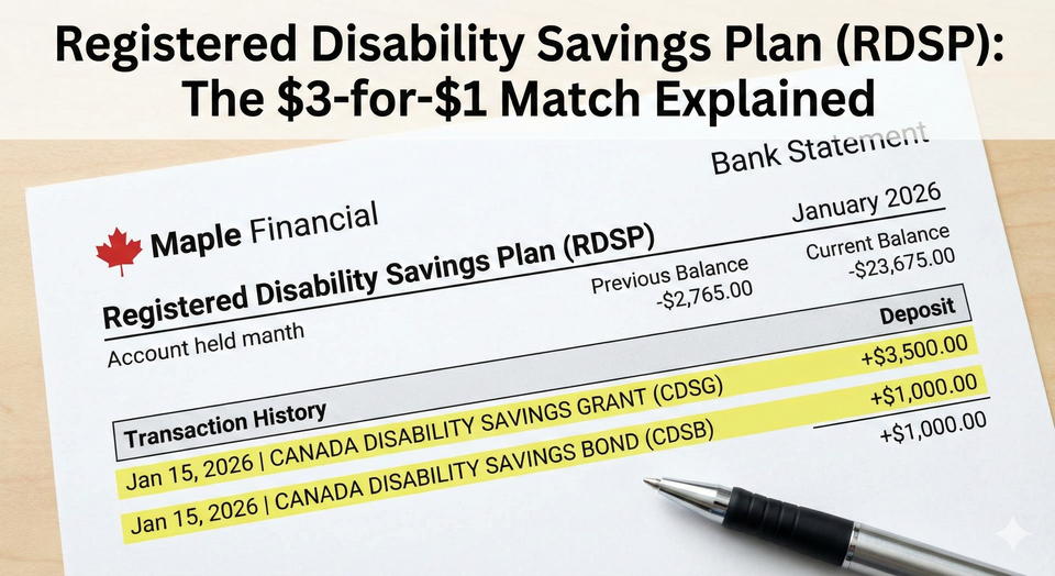 A close-up of a bank statement showing a 'Canada Disability Savings Grant' deposit of $3,500 and a 'Canada Disability Savings Bond'  Registered Disability Savings Plan (RDSP).