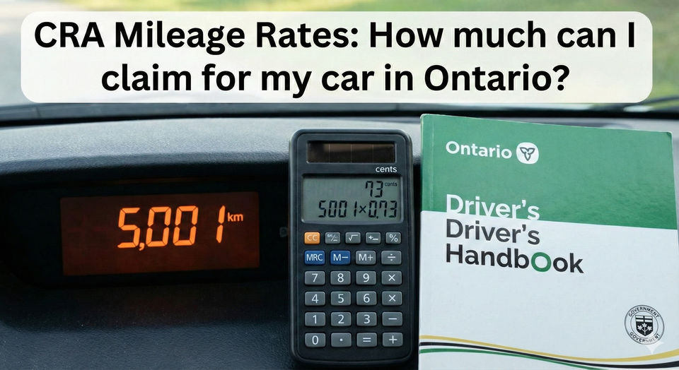 A close-up of a car's digital odometer showing 5,001 kilometers, next to a calculator displaying a 73 cents calculation and a Ontario driver's handbook. 