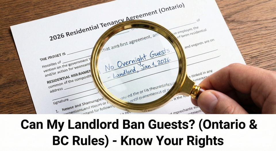 A close-up of a standard 2026 residential tenancy agreement with a magnifying glass hovering over an illegal handwritten No Overnight Guests clause