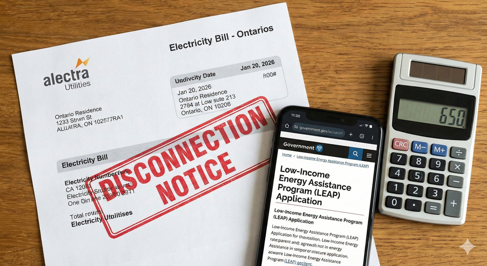 A close-up of an Ontario electricity bill with a red Disconnection Notice stamp, next to a smartphone showing the LEAP Program application page and a calculator.