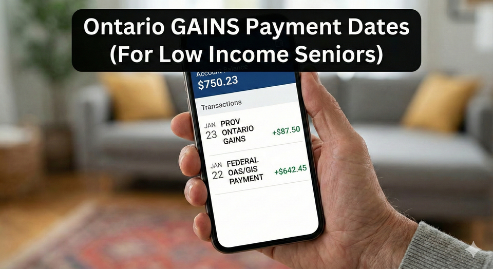 A close-up of an Ontario senior's bank account portal on a smartphone, showing a "PROV ONTARIO GAINS" deposit alongside a federal OAS/GIS payment.