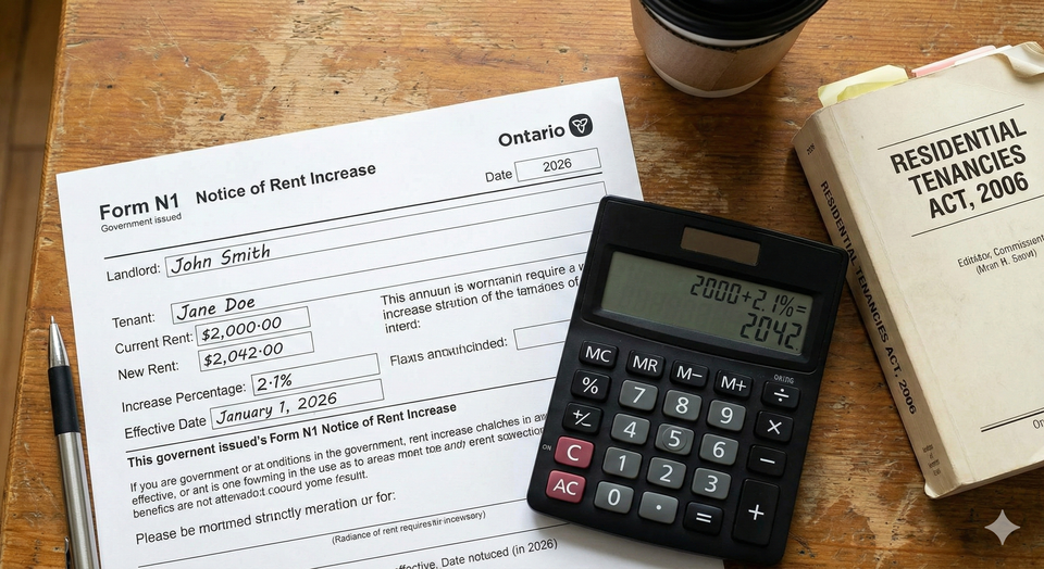 A close-up of an official N1 Notice of Rent Increase form for on a wooden table, with a calculator showing a 2.1% calculation and a copy of the Residential Tenancies Act.