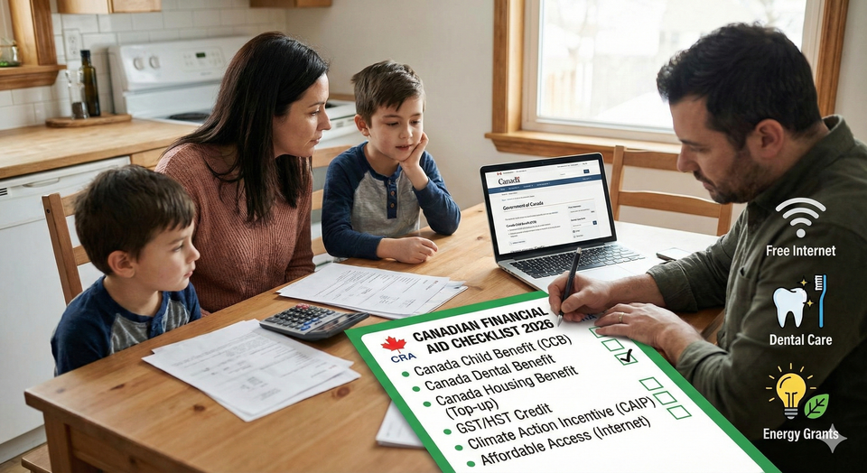 A comprehensive checklist of Canadian financial aid programs for 2026, including CRA logos, a family budgeting at a table,